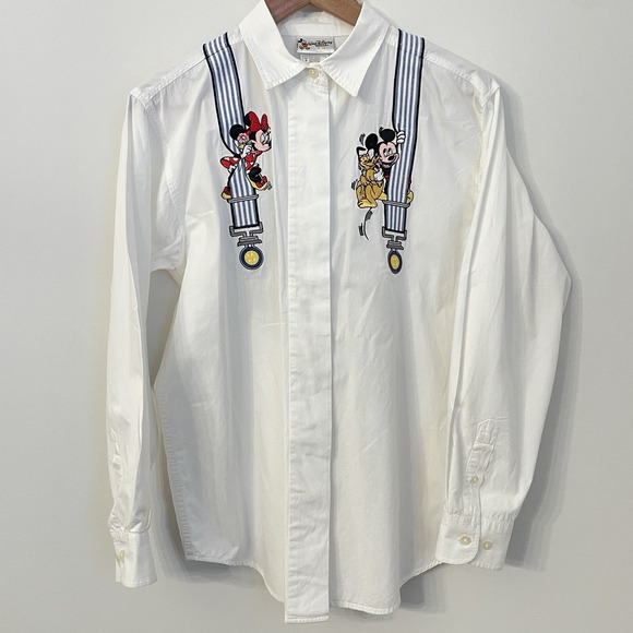 Vtg 90s Walt Disney World Mickey Mouse Suspender Shirt Embroidered Trompe L'oeil - Picture 4 of 16